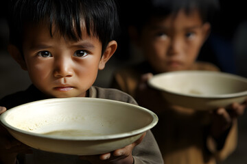 Vulnerable children holding empty bowls, haunting portrait of hunger and poverty in developing world, highlighting urgent need for humanitarian aid and global action
