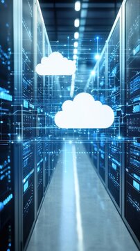 A modern data center with digital clouds representing cloud computing and storage, showcasing technology and connectivity.