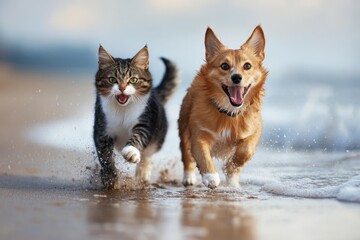 Two cats and dog running on the beach. 