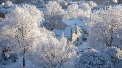 Trees and rooftops glistening under a thick layer of ice following an overnight ice storm, creating a dazzling but dangerous winter scene
