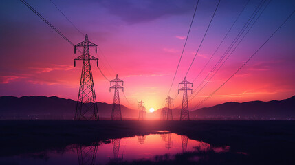 Electricity power pylons over sunset  A field of power lines with a sunset in the background. The sky is a mix of blue and orange, creating a warm and peaceful atmosphere
