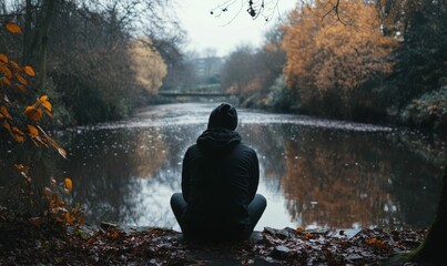 Person in black by a lake.