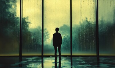 Fototapeta premium Silhouette of man by rainy window.
