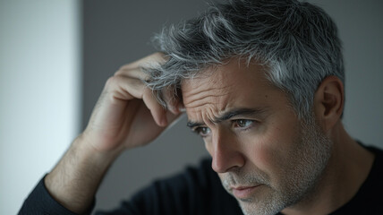 Obraz premium Man with Grey Hair Examining Hairline in Mirror.