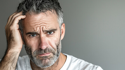 Obraz premium Man with Greying Hair, Showing Concern While Touching His Hair in Close-Up.