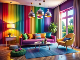 Rainbow Room Interior Design with Colorful Curtains and Geometric Lights for Vibrant Spaces