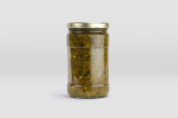 pickle jar mockup, jar of pickled vegetables preserved, canned greens, marinated greens, isolated on white background.