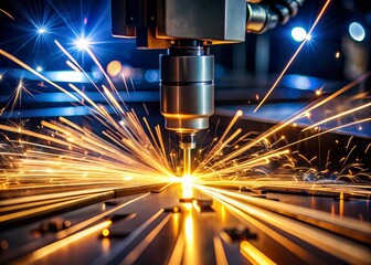 Silhouette of Laser Welding Machine with Sparks Flying, Industrial Technology, Manufacturing Process, High-Tech Equipment, Precision Welding, Metal Fabrication, Bright Sparks, Workshop Scene