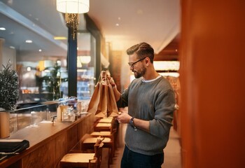A man with a beard and glasses checks the contents of a paper bag while standing in a cafe.