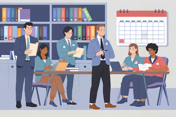 Business Meeting Illustration: A diverse group of professionals engaged in a productive meeting, symbolizing collaboration, communication, and teamwork.  