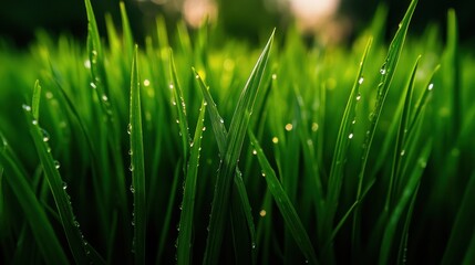 Obraz premium Close-up of dew drops on lush green grass blades.