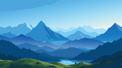 Fototapeta premium Mountain Range Landscape with Blue Sky and Lake