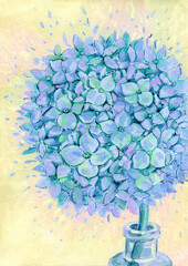 Hand drawn illustration of blooming blue hydrangea. Vibrant floral composition for wedding design, greeting cards, banners, surface design, textile, wallpaper.