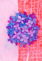 Artistic painting of purple pink Hydrangea macrophylla. Hand drawn illustration of blooming flowerhead. Vibrant floral composition for wedding design, greeting cards, banners, surface design.