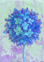 Hand drawn illustration of blooming blue hydrangea. Vibrant floral composition for wedding design, greeting cards, banners, surface design, textile, wallpaper.