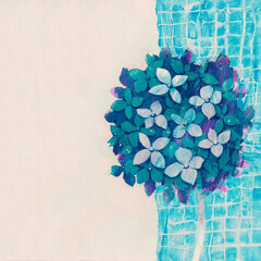 Artistic painting of teal blue Hydrangea macrophylla. Hand drawn illustration of blooming flowerhead. Vibrant floral composition for wedding design, greeting cards, banners, surface design.