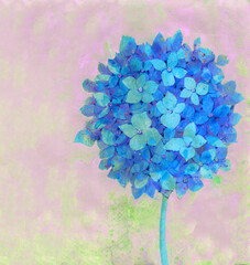 Hand drawn illustration of blooming blue hydrangea. Vibrant floral composition for wedding design, greeting cards, banners, surface design, textile, wallpaper.