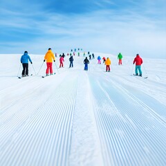 Colorful skiers descending a pristine snowy slope