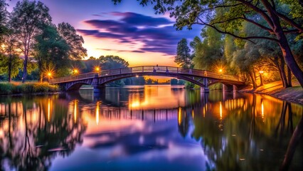 Fototapeta premium Stunning Low Light Photography of a Bridge Over a River at Dusk, Capturing Serene Reflections and Atmospheric Colors for a Peaceful Landscape Scene