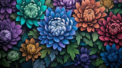 Fototapeta premium A vibrant floral mural featuring colorful lotus flowers with intricate petals and lush green leaves, creating a lively and artistic composition.