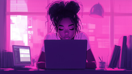 Gen Z professional focused on laptop, immersed in work, vibrant colors