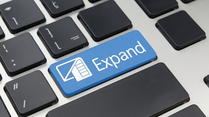 Close-up of a keyboard featuring a blue 'Expand' key on a silver surface.