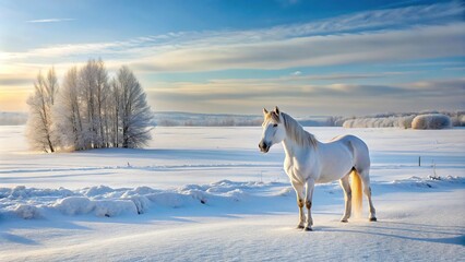 Fototapeta premium Winter landscape with leading lines in snow covered field featuring a white horse