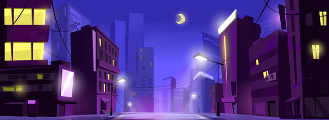 Obraz premium Night city road front view. Town building on street illustration. Urban cityscape with moon, skyscraper and asphalt path in dark time. Empty residential downtown district horizontal panorama design