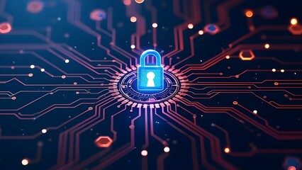 Cybersecurity digital lock pad technology encryption background with neon circuitry information technology