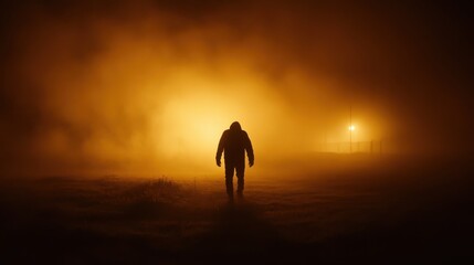 A figure walks through a foggy landscape, illuminated by an eerie orange glow, creating a mysterious and haunting atmosphere.