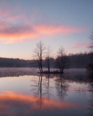 Serene Lake at Dusk with Colorful Sky Reflections.