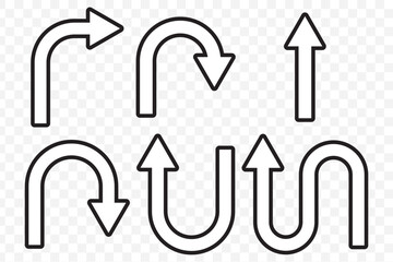 Go Straight This Way One Way Only U Turn Left and Right Black Arrow Sign Direction Icon Set. Vector Image. EPS 10.