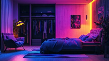 Bedroom interior at night with vibrant neon colors, an unmade bed, open closet with clothes, and armchairs lit by a soft floor lamp.