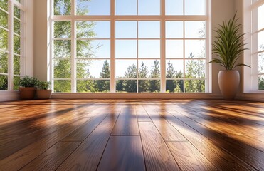 Bright and inviting interior with large windows overlooking lush greenery and indoor plants