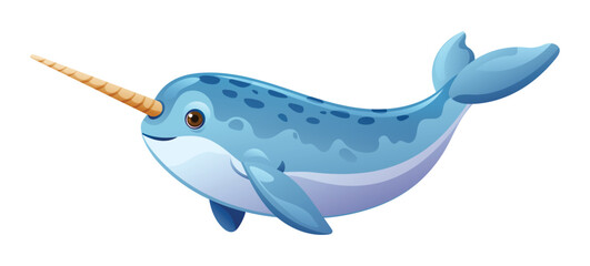 Cartoon narwhal swimming. Vector illustration isolated on white background