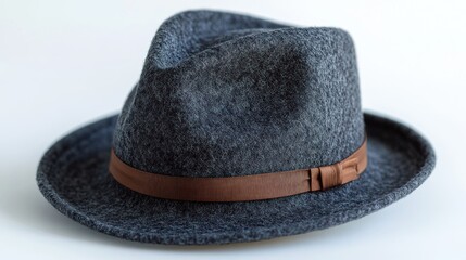 A stylish gray felt hat with a brown leather band.