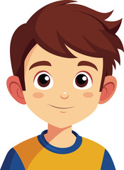 Obraz premium Smiling Boy Cartoon Illustration: This illustration features a young boy with brown hair and eyes, wearing a yellow and blue shirt, smiling warmly. The cartoon style is simple and friendly.