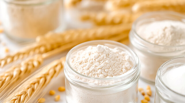 Glass jars filled with different flours sit on a surface alongside golden wheat stalks, highlighting the beauty and versatility of natural ingredients in cooking