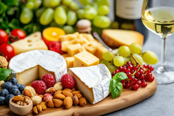 A Close-Up Shot Of A Cheese Board With Assorted Cheeses, Fruits, And Nuts, Accompanied By A Bottle Of White Wine, Highlighting The Textures And Colors In A Warm Setting.