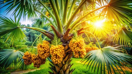 Aerial View of Trachycarpus Fortunei with Young Flowers and Golden Yellow Fruits, Capturing the Beauty of Chusan Palm in a Lush Green Landscape