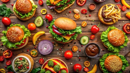 Aerial View of Vibrant Burger Menu and Fast Food Restaurant Badges Design Template for Marketing and Promotions