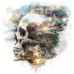 Skull with a Landscape Inside Isolated On White Background