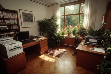 An Old Computer Workstation Featuring A Dot Matrix Printer And A Clunky Desktop Monitor, Showcasing The Evolution Of Computing Technology Over The Years