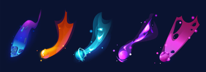 Fantasy asteroid with colorful fire and dust path. Cartoon vector illustration set of fast flying outer space comet with neon glowing tail. Star shower or falling meteorite stone with trail. © klyaksun