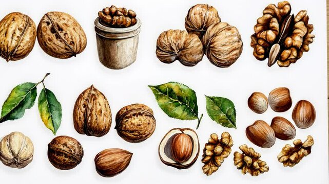 A watercolor painting of various nuts, including walnuts, hazelnuts, and almonds, along with their leaves