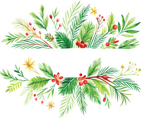 Watercolor Christmas Greenery Festive Holiday Border