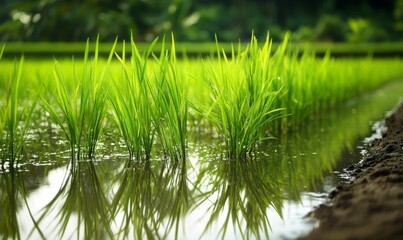 Obraz premium Green rice plants reflecting in water.