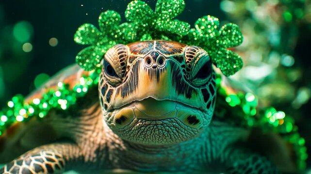 A sea turtle wearing a green shamrock headband looks at the camera