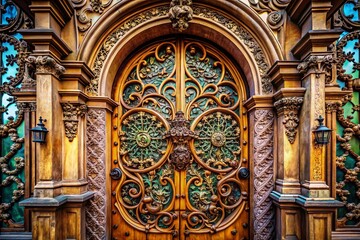 Obraz premium Renaissance Inlaid Front Door with Grate - Architectural Elegance in Detail