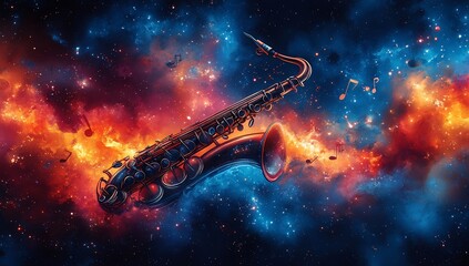 A saxophone floats through a colorful cosmic space, surrounded by musical notes.